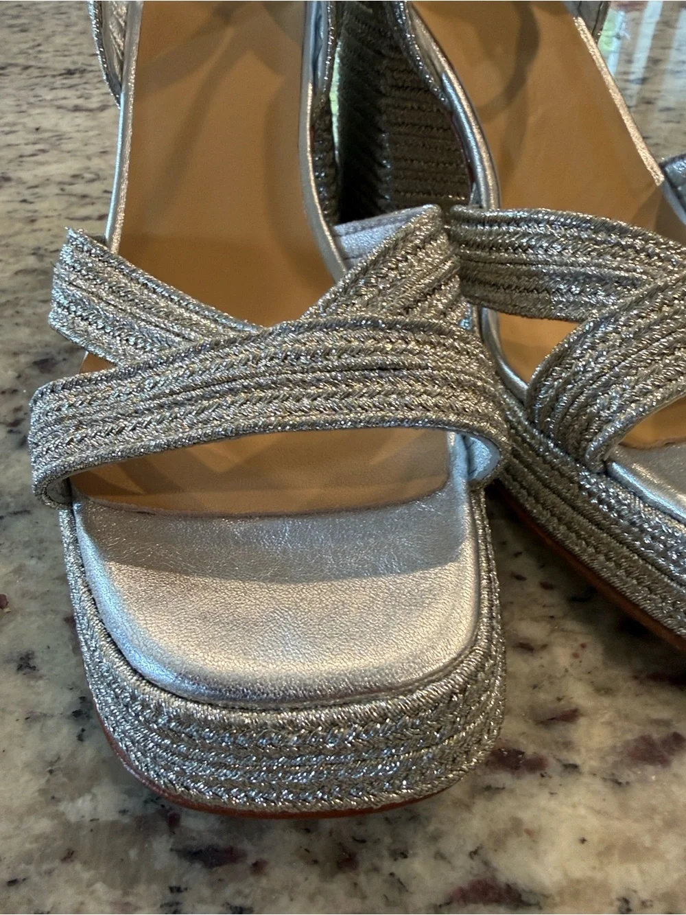 Castañer Valle Metallic Braided Platform Sandals Silver Block Heel NWT sz 8